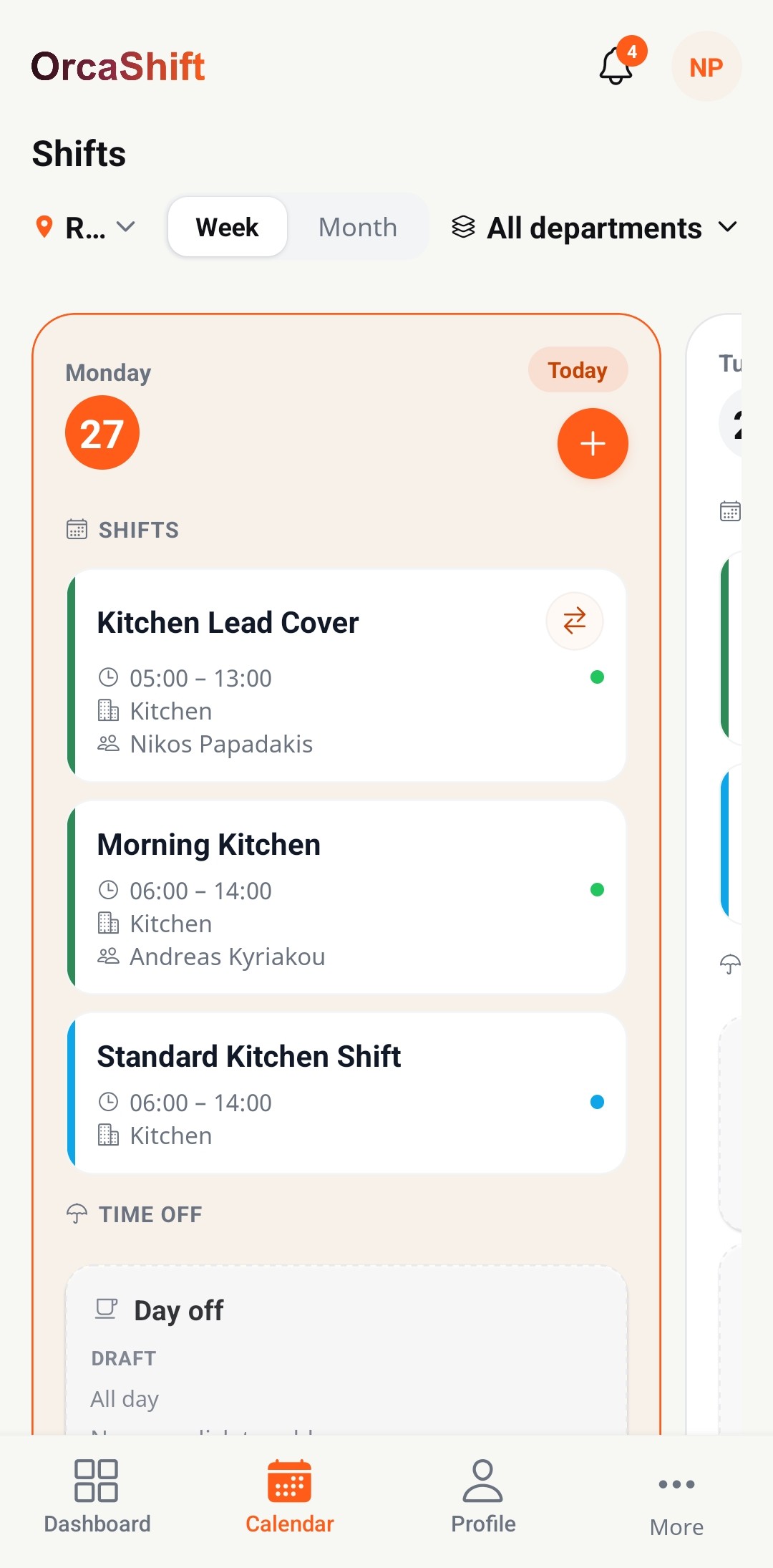 OrcaShift weekly shift calendar with assigned shifts and time off