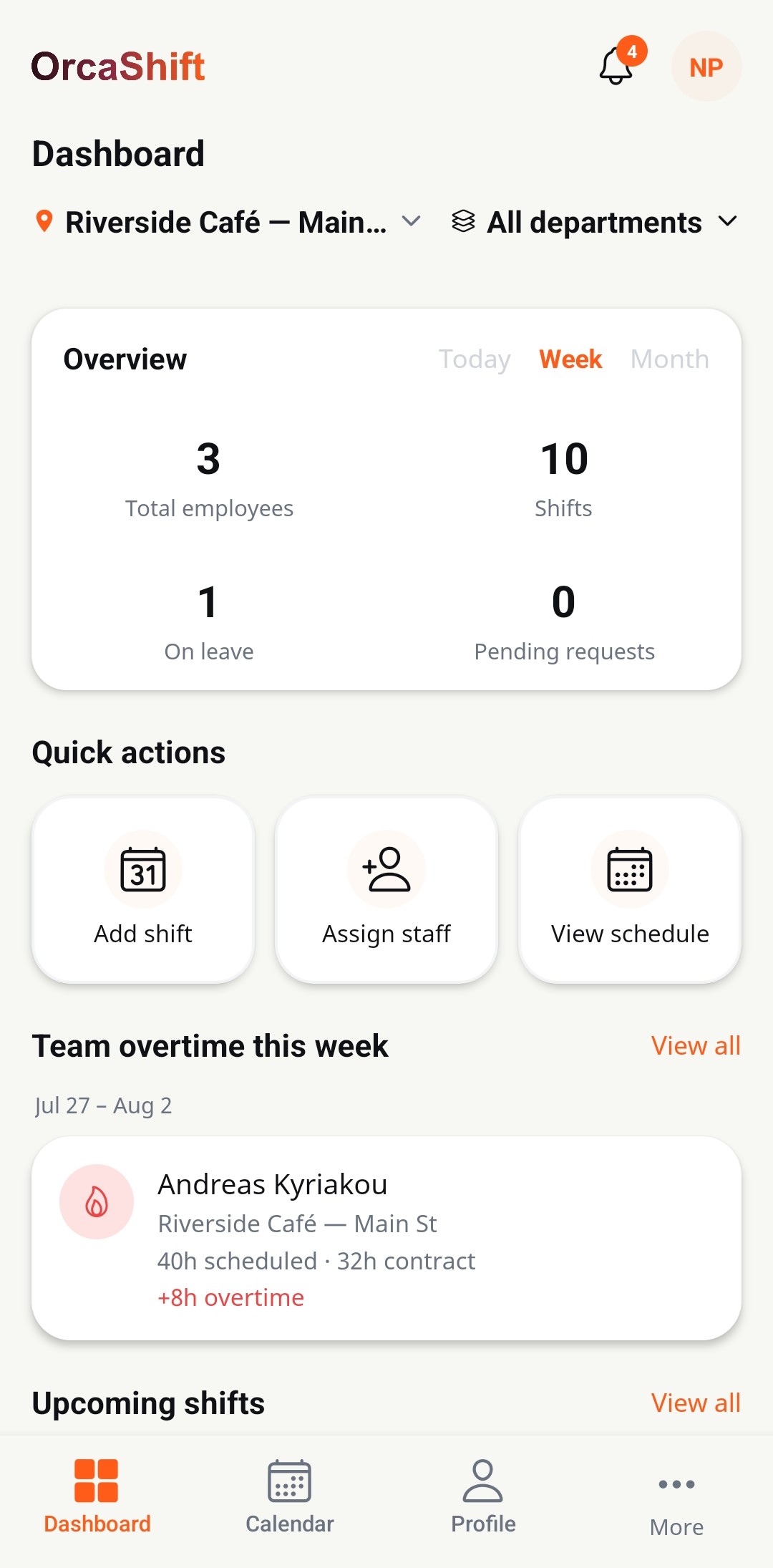OrcaShift dashboard showing overtime flagged for an employee this week